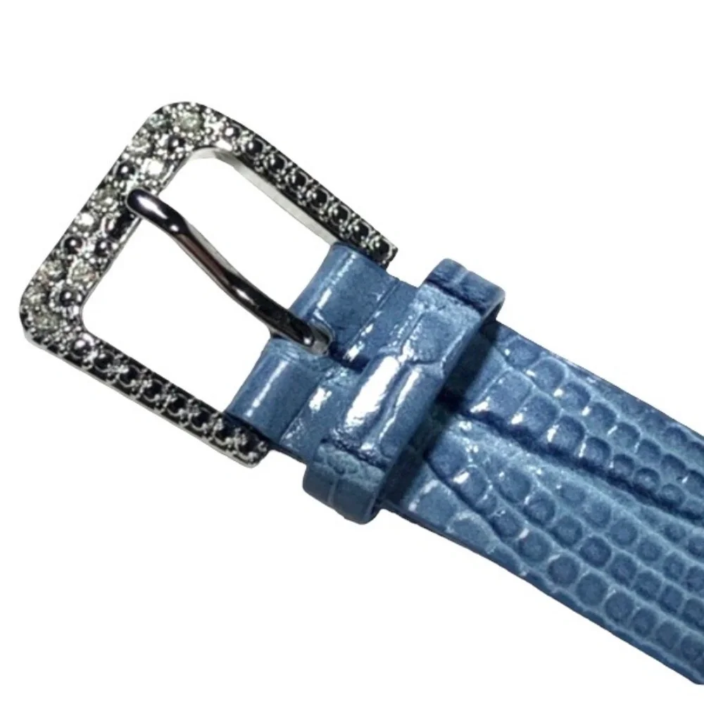 ADRIENNE LIMITED PAVE CRYSTAL ART DECO WATCH W BLUE LEATHER LIZARD PRINT BAND